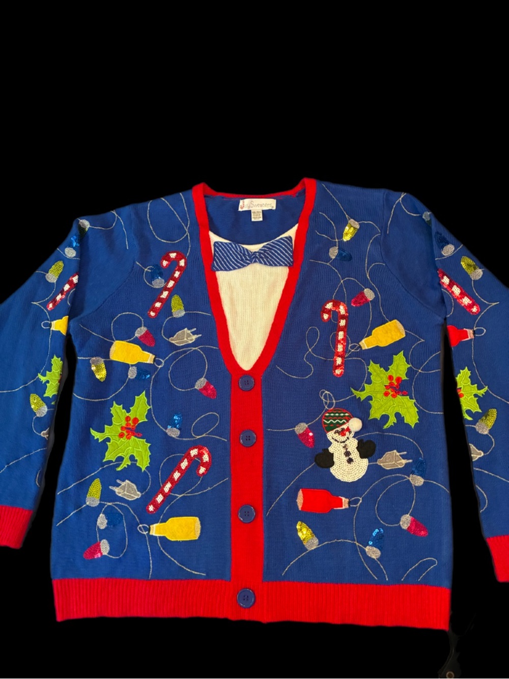 Holiday Novelty Multicolor Ugly Cardigan Sweater with Red Trim Woman’s XXL